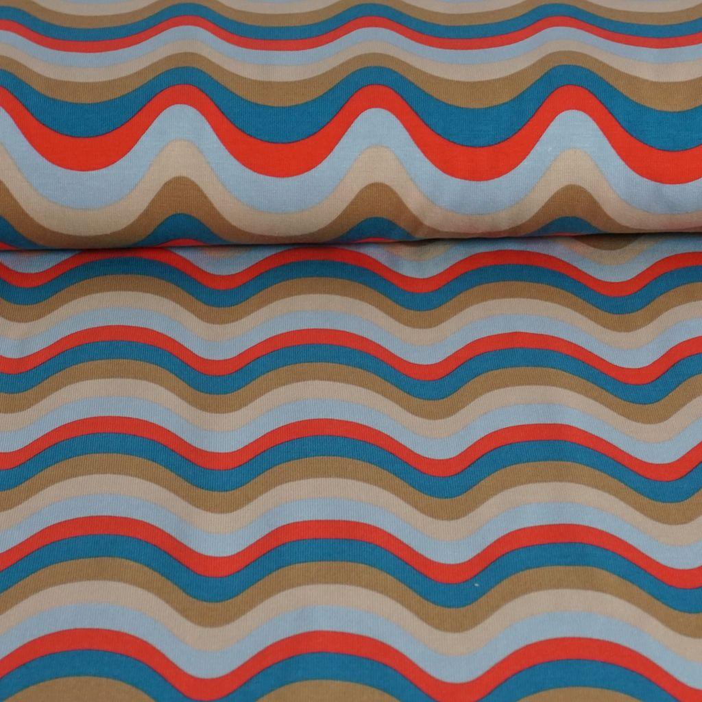 Baumwolljersey Wellen blau rot beige